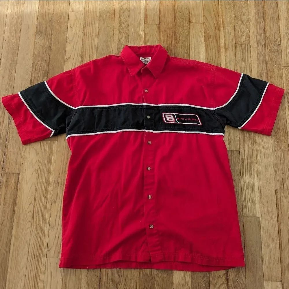 Winner's circle red black white short sleeve button down shirt dale jr Budweiser